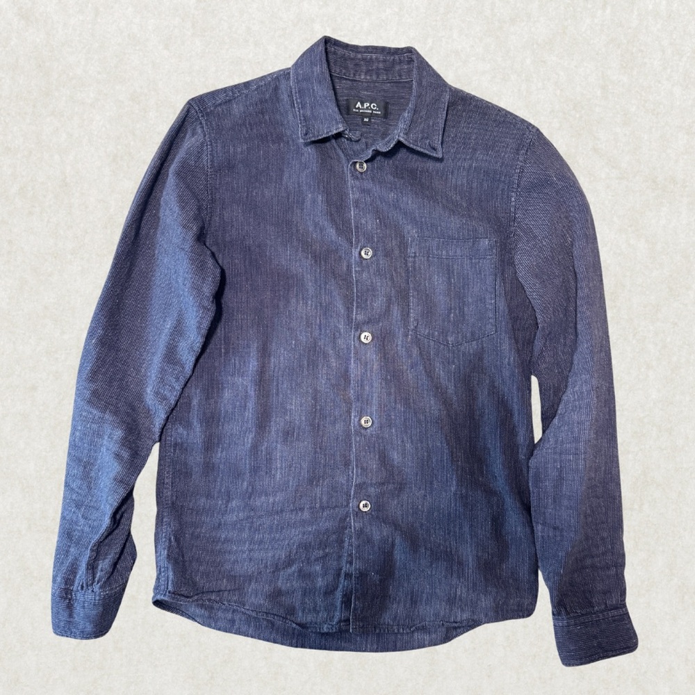 A.P.C. Men’s Shirt – XS, Cotton/Linen Blend, Indigo Blue, Excellent Condition